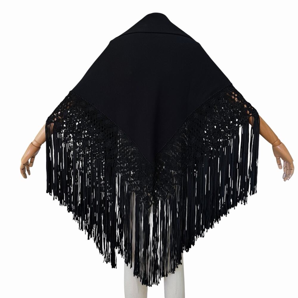 Incredible I. Magnin Vintage 1960’s Black Wool Shawl With Woven Fringe